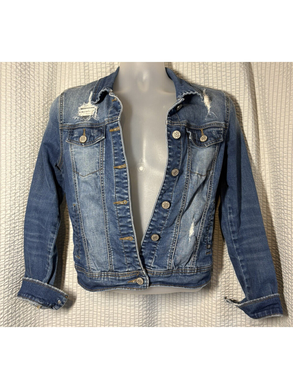 Enjean Fitted Basic Crop Blue Denim Jacket Preppy Festival Y2K Medium Distressed